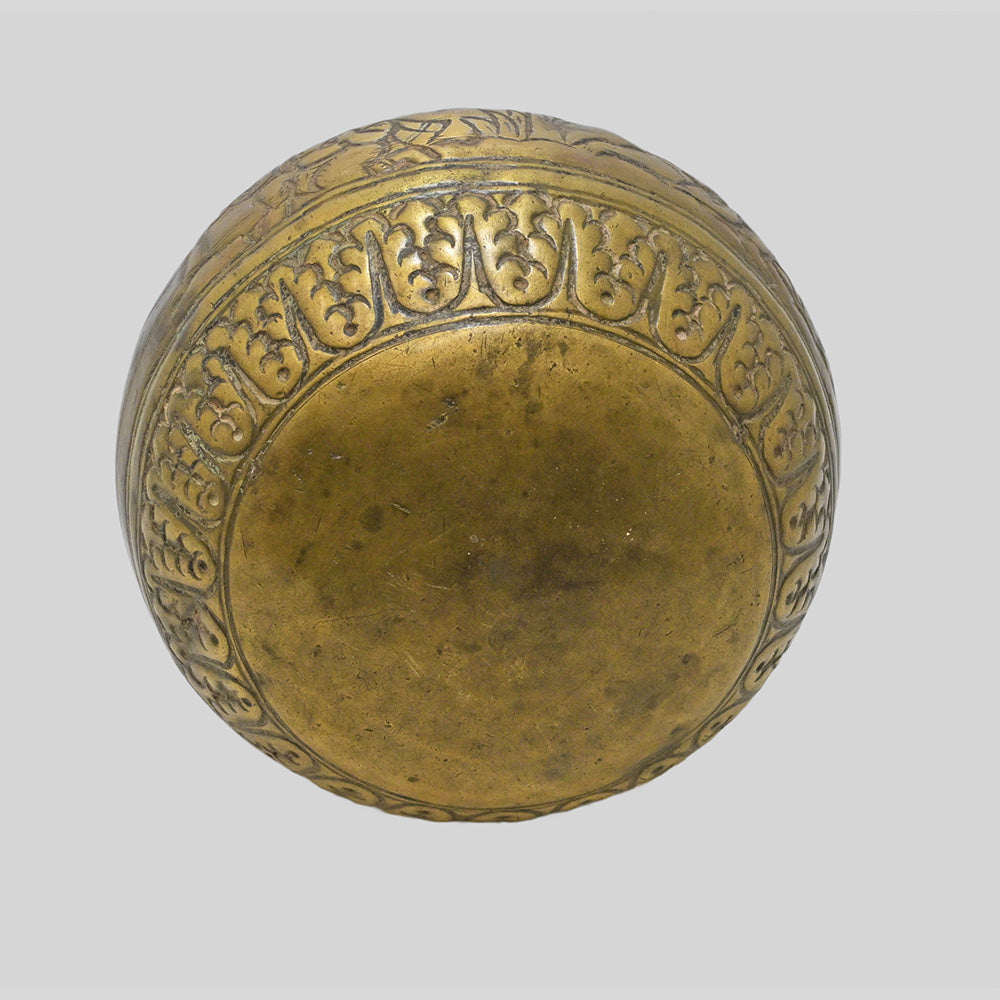 Antique brass holy water pot with engraved floral and traditional figures, additional view