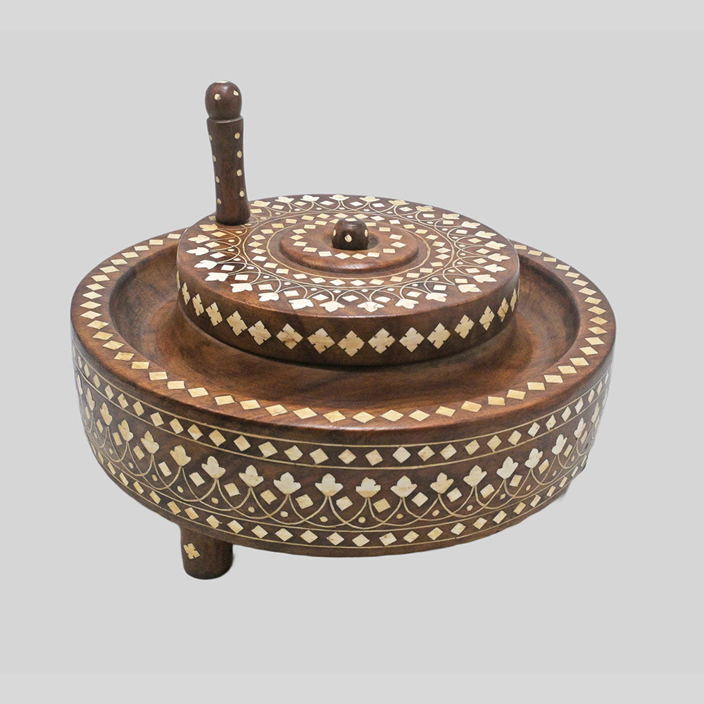 Handcrafted teak wood baby Gatti floor mill model with fine bone inlay, angled view