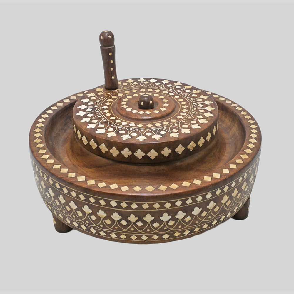 Handcrafted teak wood baby Gatti floor mill model with fine bone inlay, close-up detail