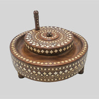Handcrafted teak wood baby Gatti floor mill model with fine bone inlay, close-up detail