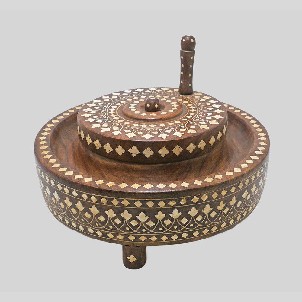Handcrafted teak wood baby Gatti floor mill model with fine bone inlay, side view