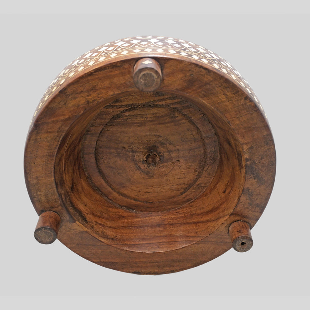 Handcrafted teak wood baby Gatti floor mill model with fine bone inlay, alternate view