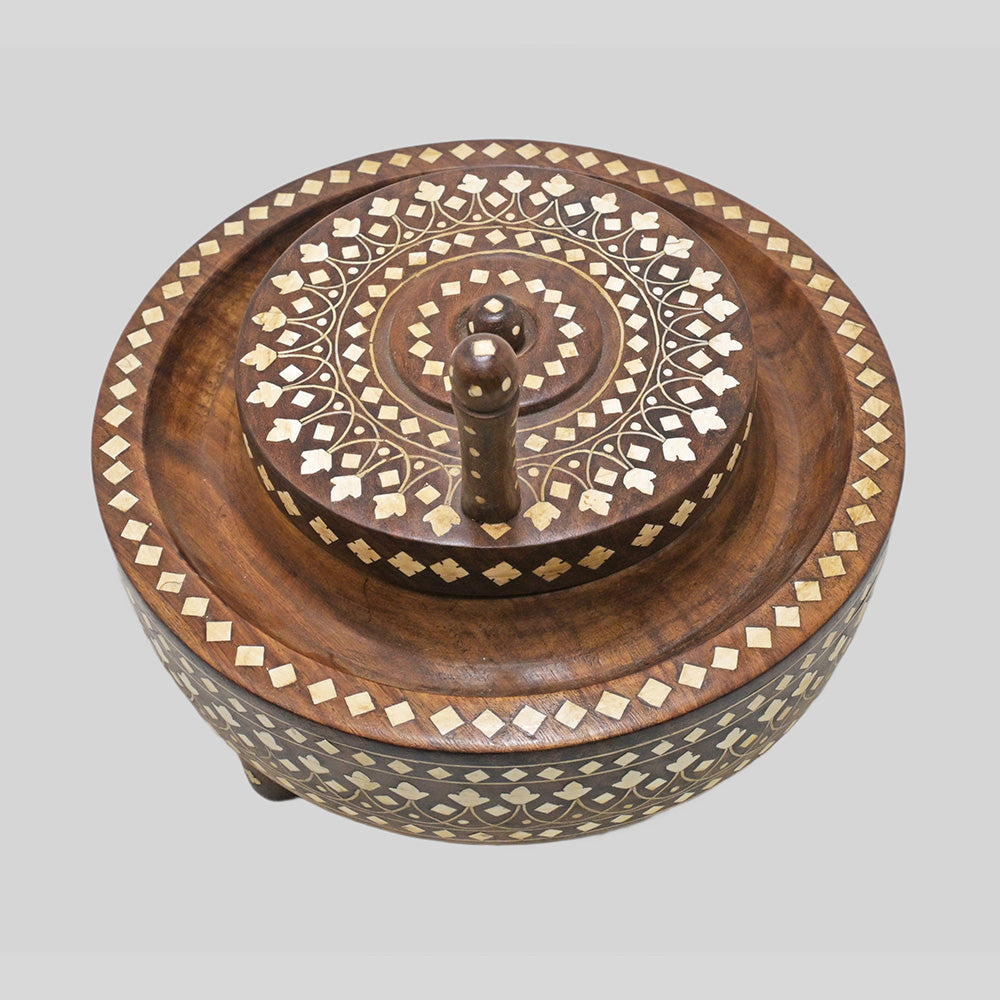 Handcrafted teak wood baby Gatti floor mill model with fine bone inlay, additional view