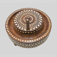 Handcrafted teak wood baby Gatti floor mill model with fine bone inlay, additional view