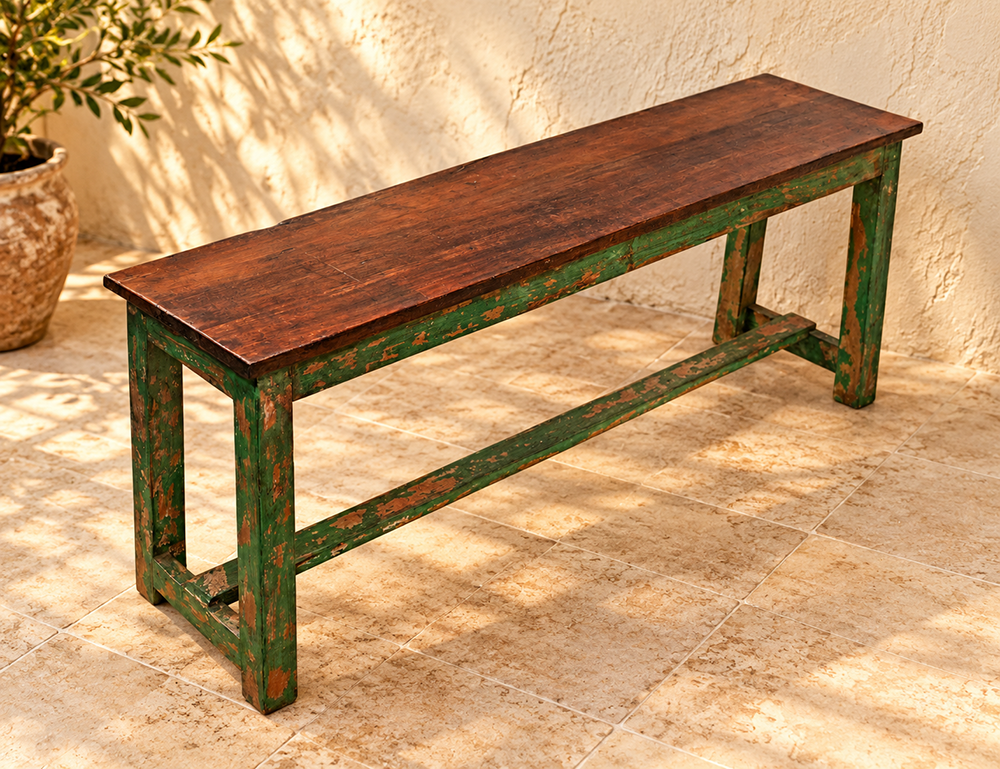 Handcrafted rustic colonial wooden bench with distressed green finish, front view