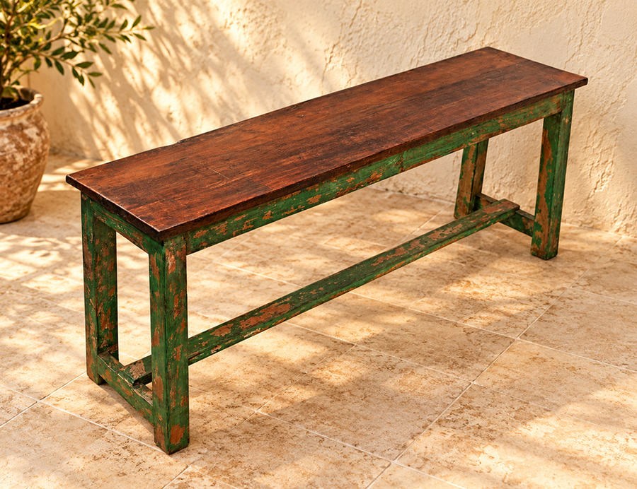 Handcrafted rustic colonial wooden bench with distressed green finish, front view