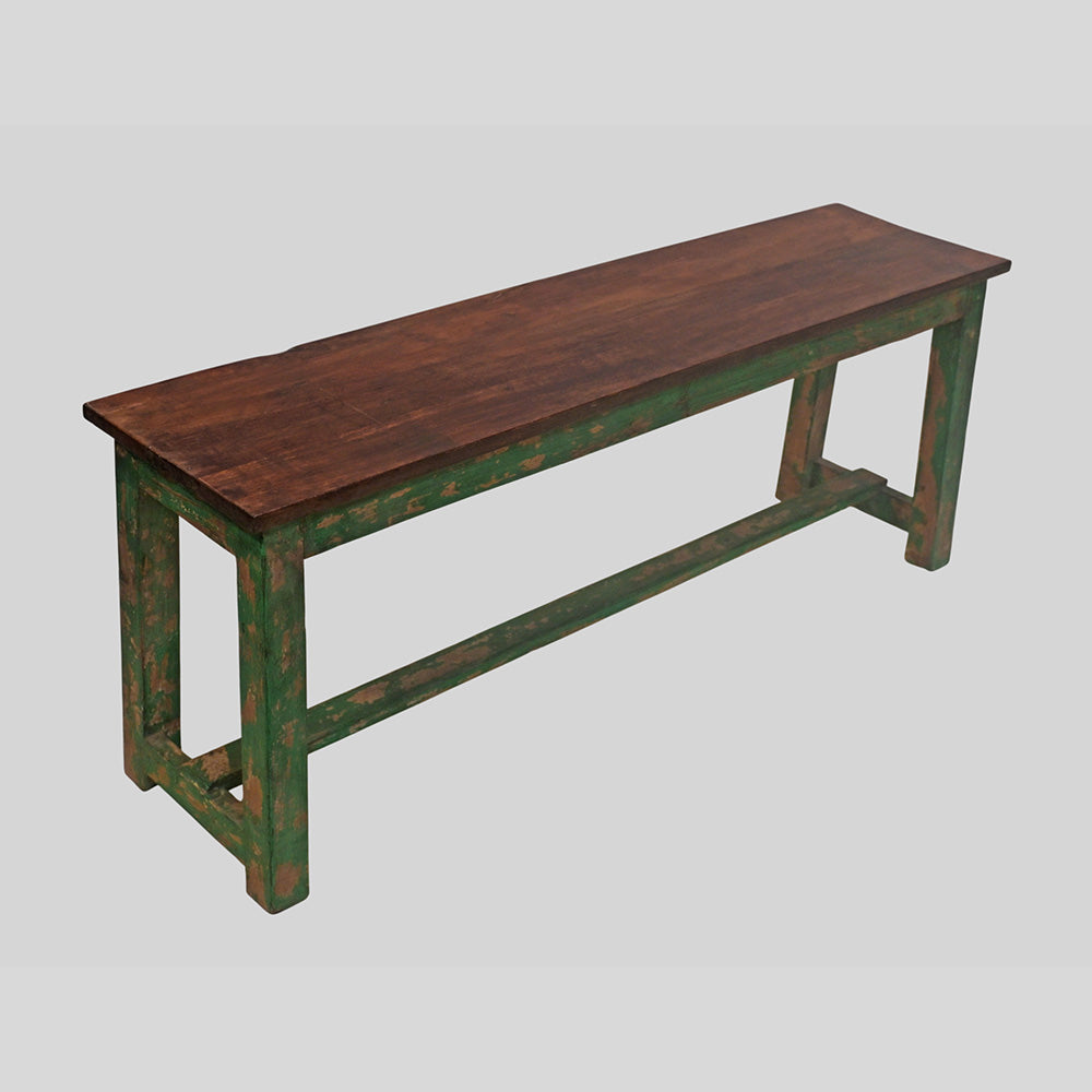 Handcrafted rustic colonial wooden bench with distressed green finish, angled view