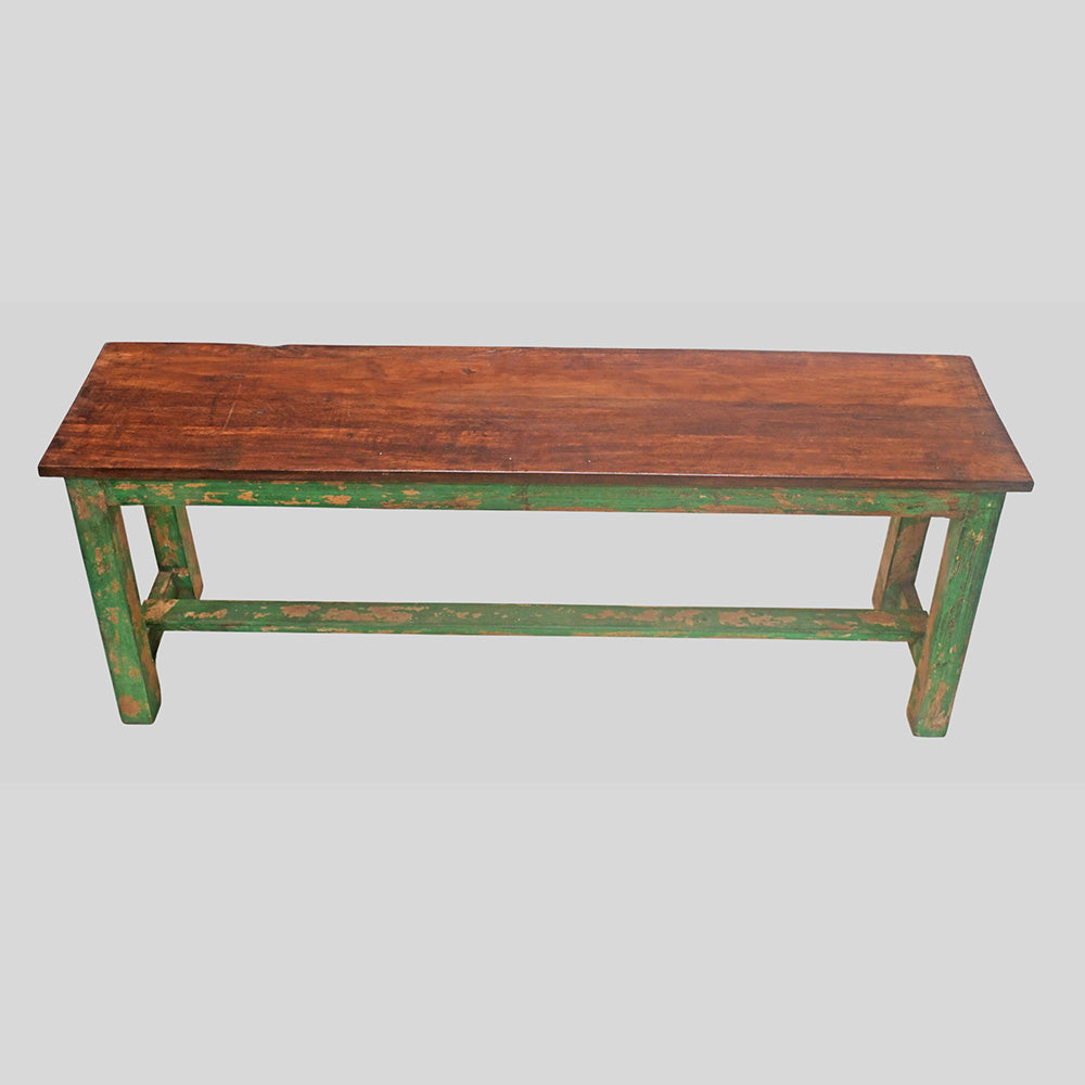 Handcrafted rustic colonial wooden bench with distressed green finish, side view