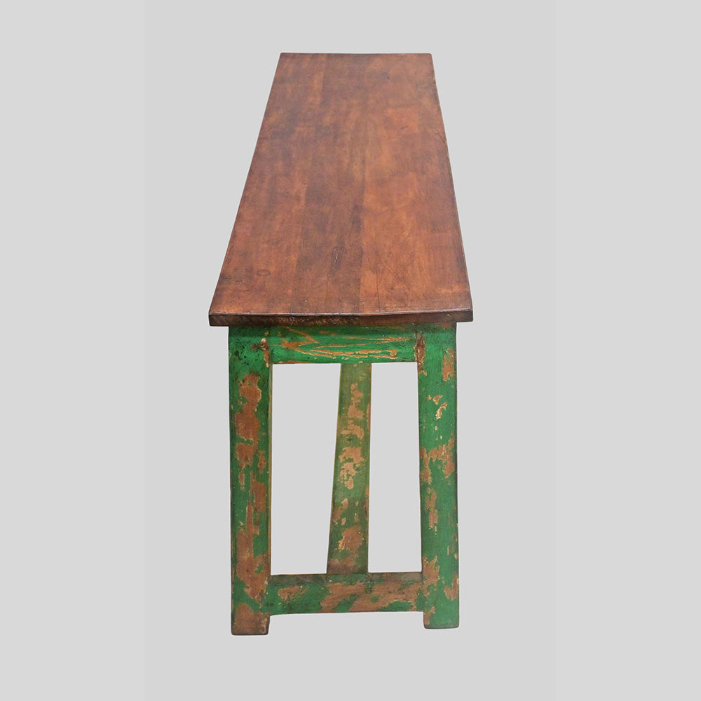 Handcrafted rustic colonial wooden bench with distressed green finish, alternate view