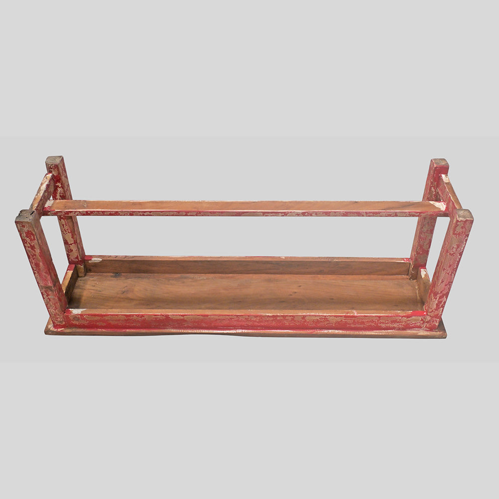 Vintage handcrafted long wooden bench with distressed red finish, additional view