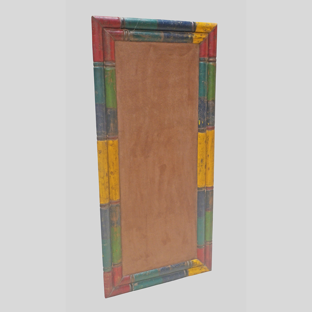 Recycled handcrafted wooden rectangular frame made from lacquer-painted old pillars, angled view