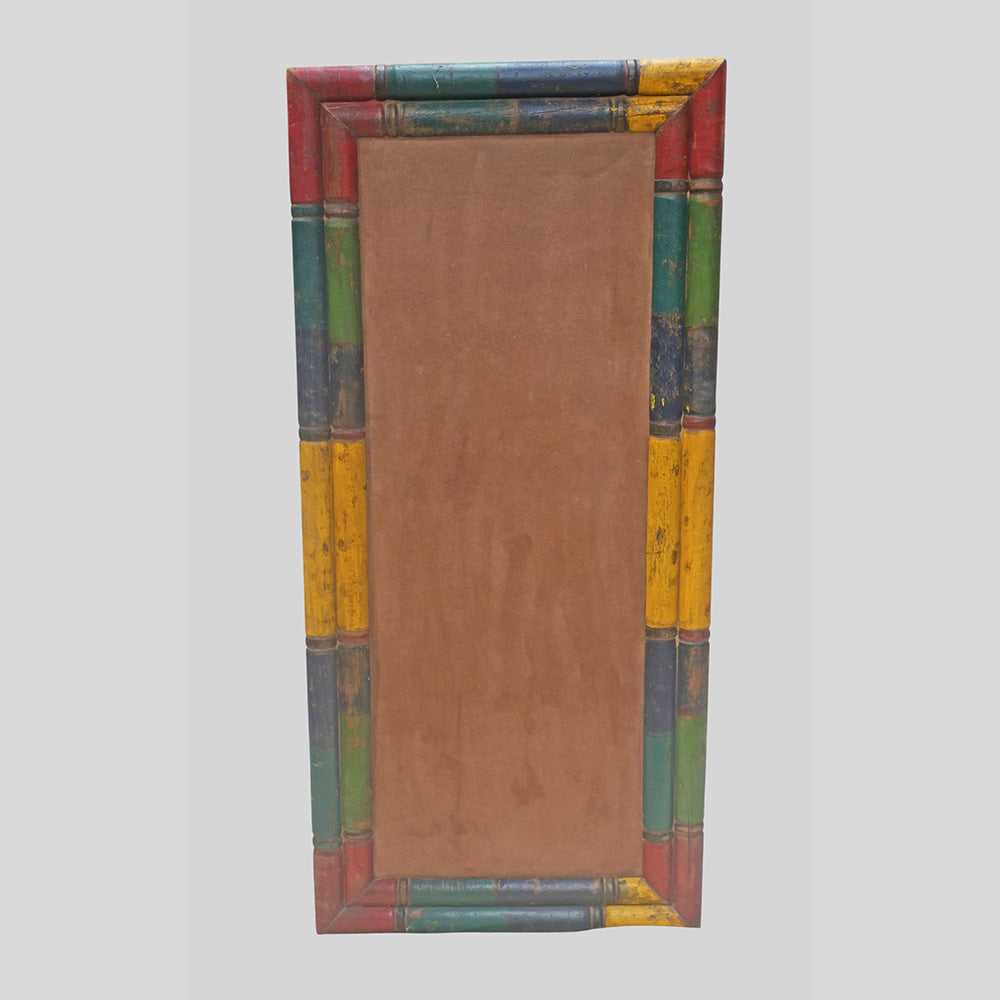 Recycled handcrafted wooden rectangular frame made from lacquer-painted old pillars, close-up detail