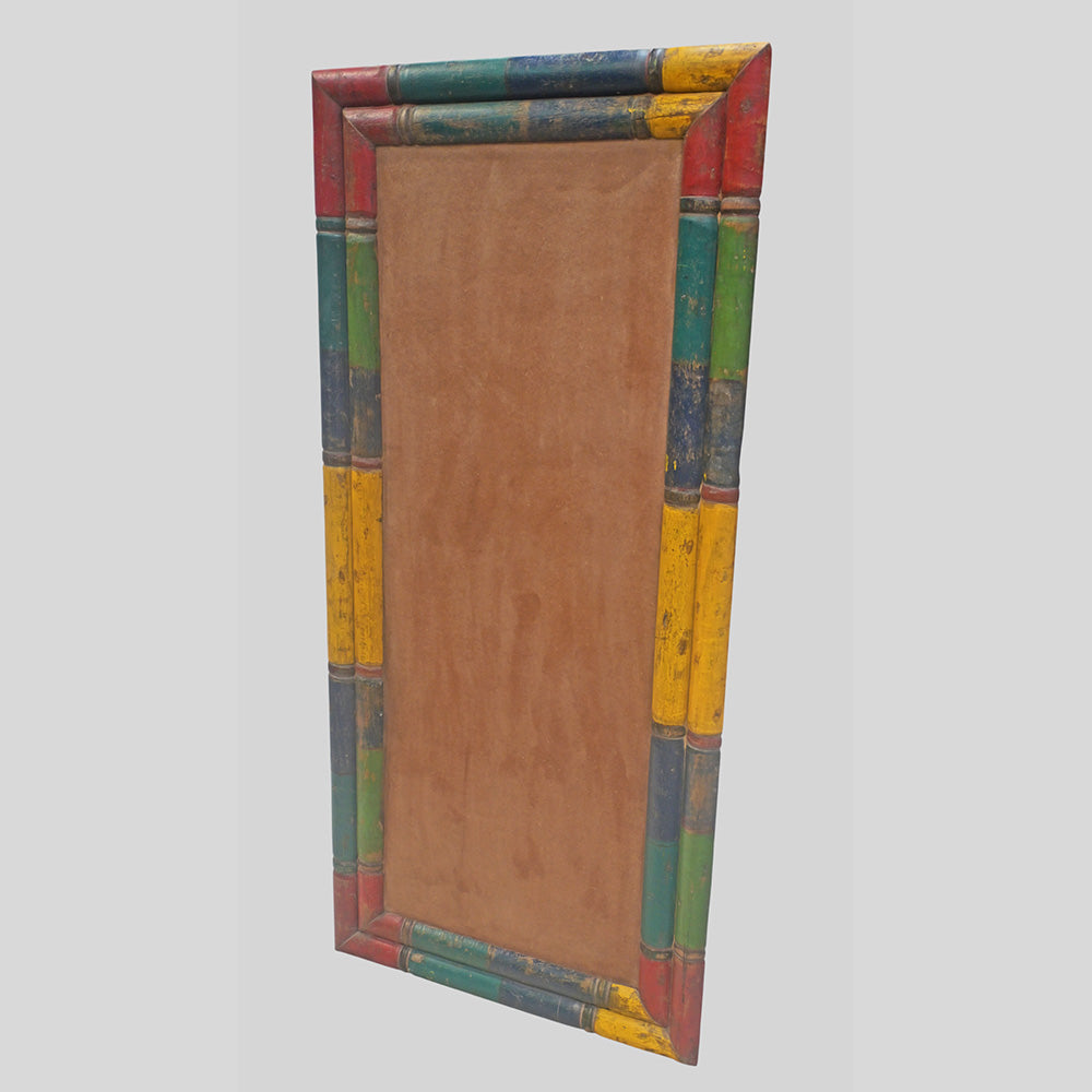 Recycled handcrafted wooden rectangular frame made from lacquer-painted old pillars, side view