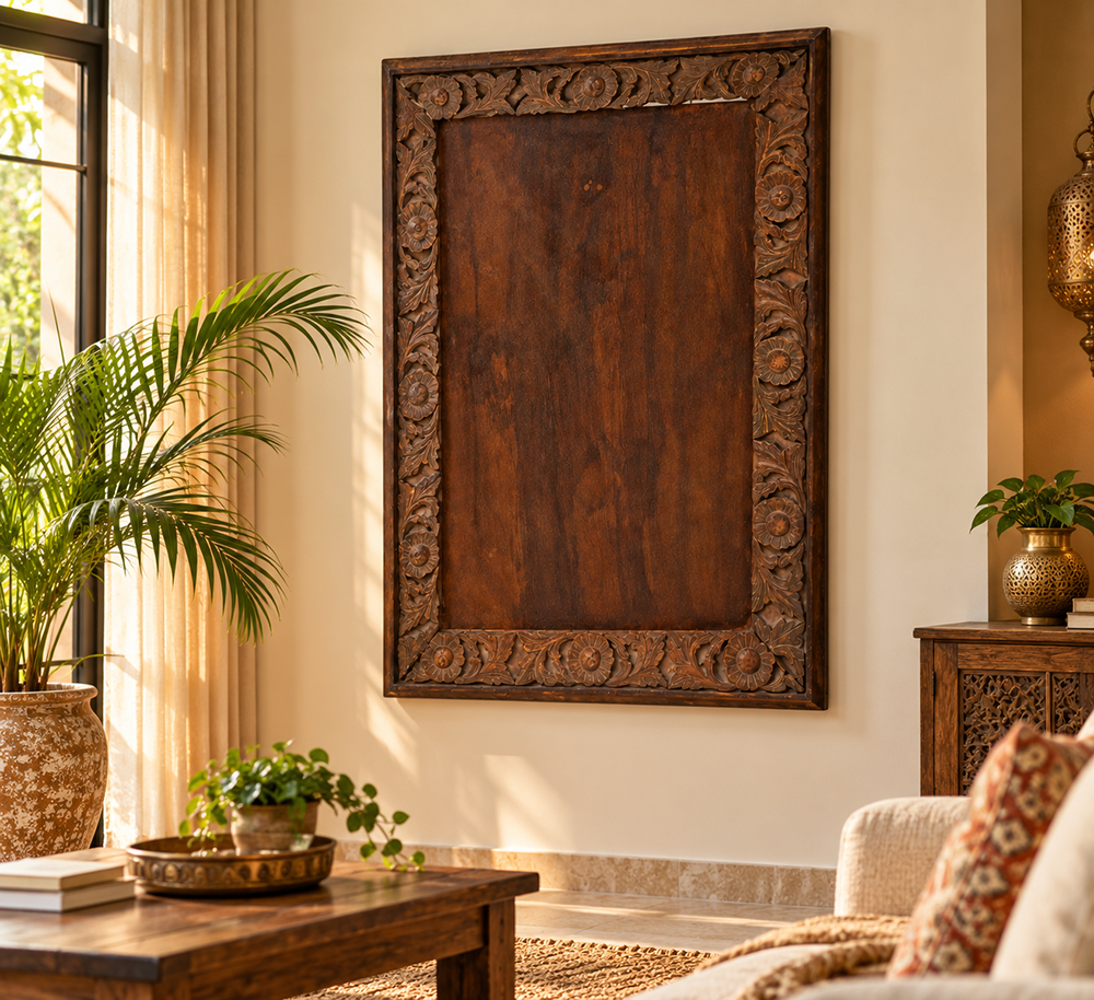 Recycled handcrafted rectangular wooden frame made from old carved panels, front view
