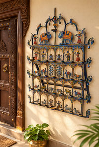 Finely Handcrafted Wrought Iron Rajasthani Decorative Wall Décor Diya Oil Lamps Art with Elephants, Musicians & Traditional Folk Art-2026102207UNQ