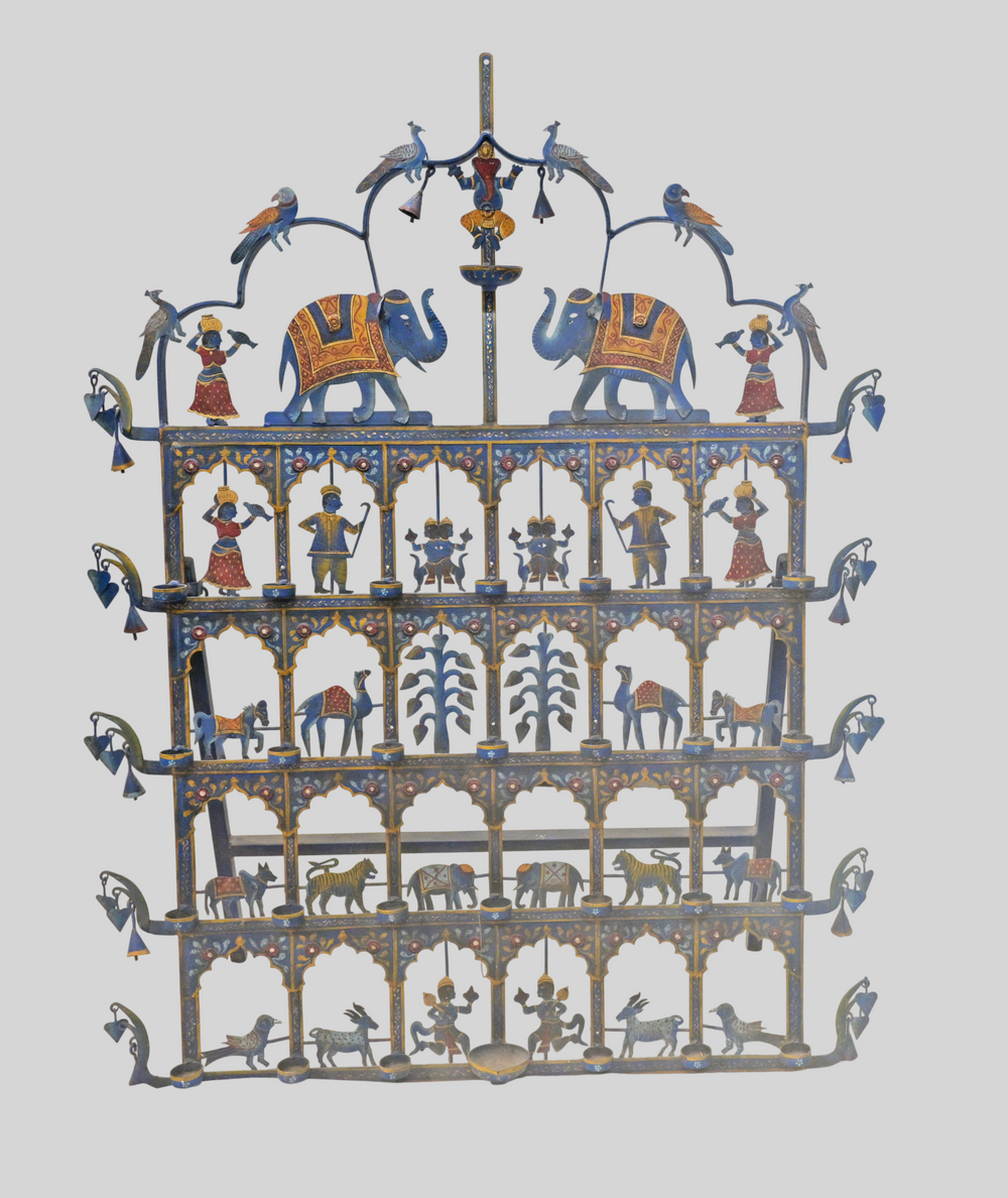 Finely Handcrafted Wrought Iron Rajasthani Decorative Wall Décor Diya Oil Lamps Art with Elephants, Musicians & Traditional Folk Art-2026102207UNQ