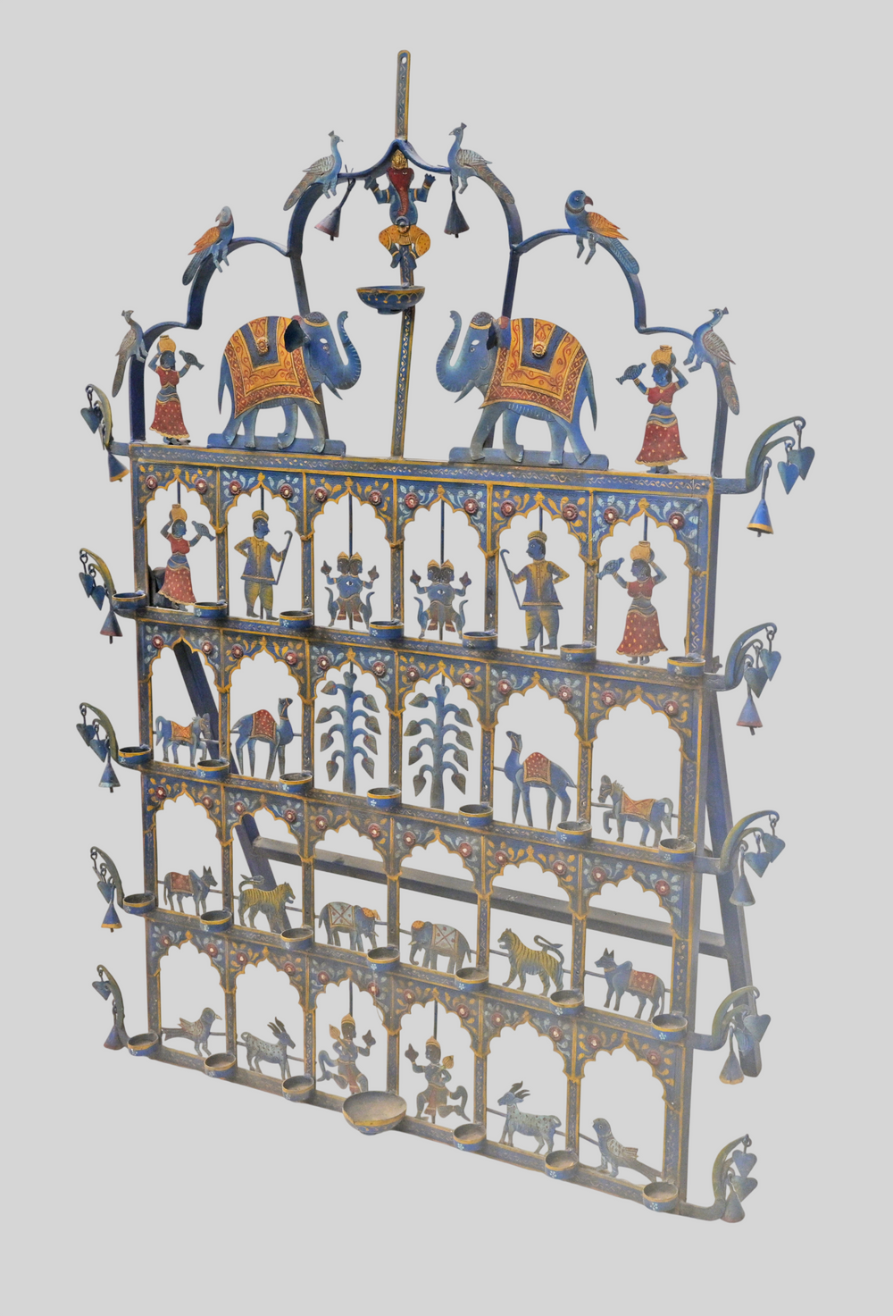 Finely Handcrafted Wrought Iron Rajasthani Decorative Wall Décor Diya Oil Lamps Art with Elephants, Musicians & Traditional Folk Art-2026102207UNQ