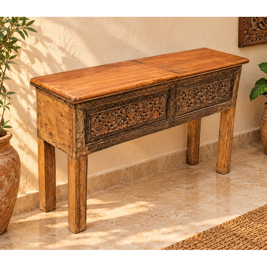 Recycled Wooden Console Table – Handcrafted with Antique Wood Carvings - 2026102208UNQ