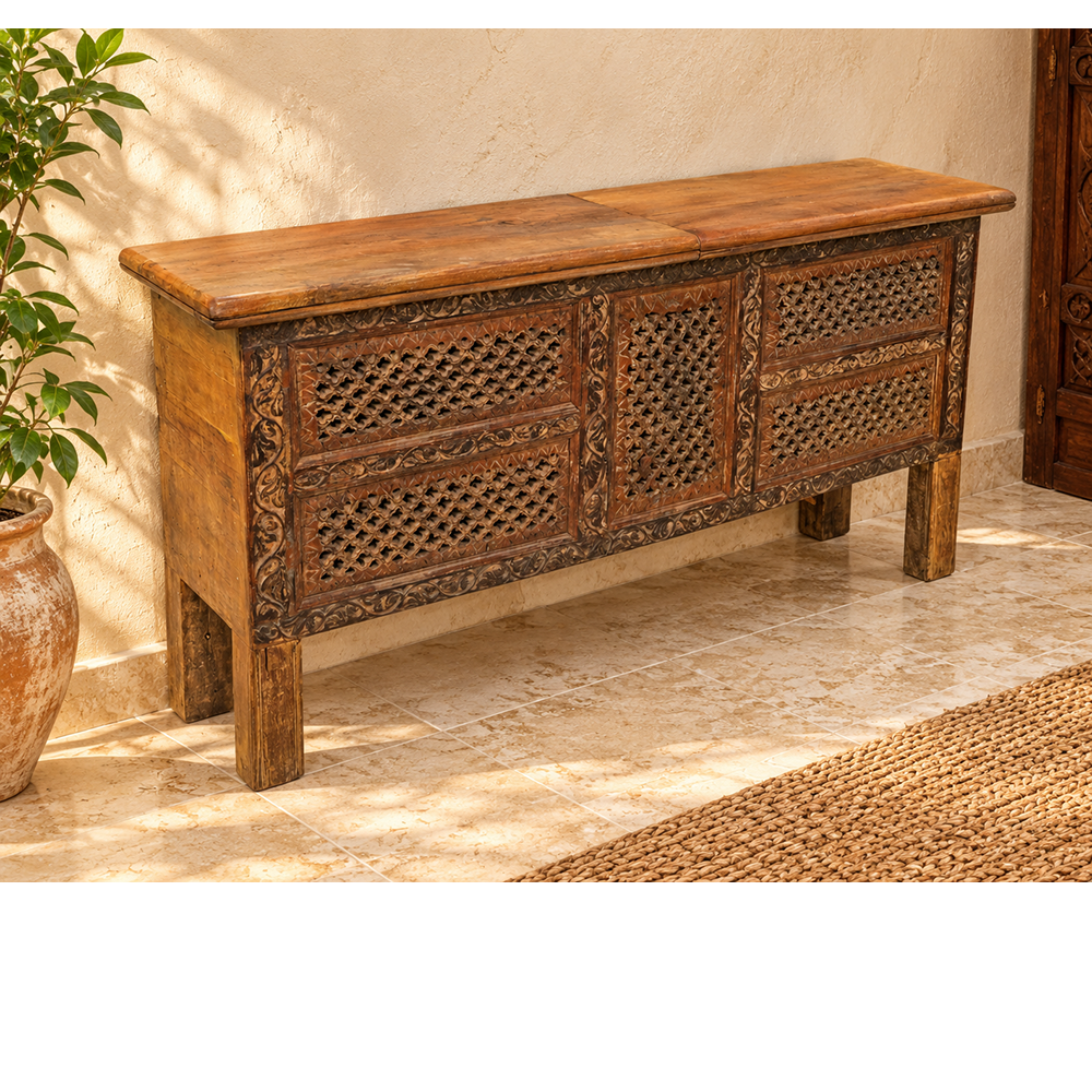 Recycled Wooden Console Table – Handcrafted with Antique Wood Carvings - 2026102209UNQ