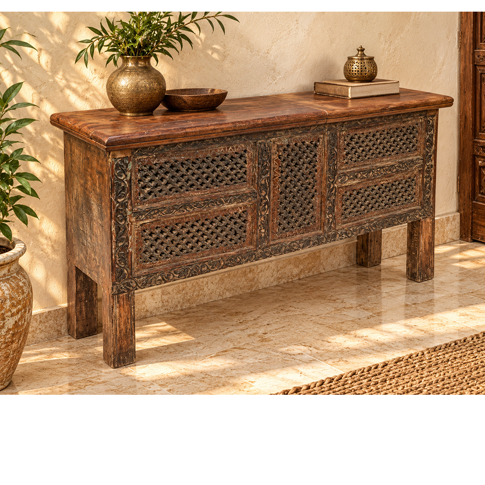 Recycled Wooden Console Table – Handcrafted with Antique Wood Carvings - 2026102210UNQ