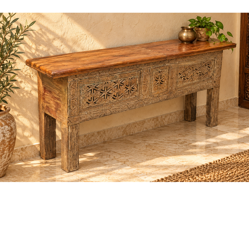 Recycled Wooden Console Table – Handcrafted with Antique Wood Carvings - 2026102211UNQ