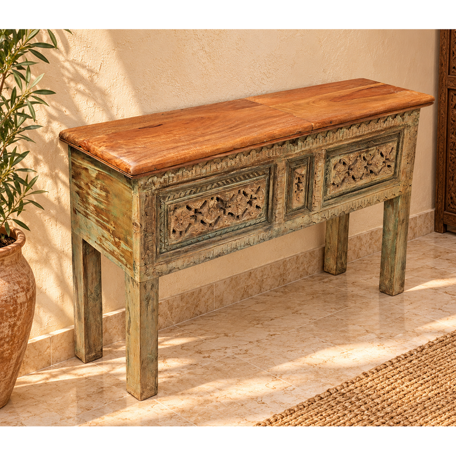 Vintage Handcrafted Wooden Console Table with Floral Carving – Rustic Traditional Entryway Furniture -2026102213UNQ