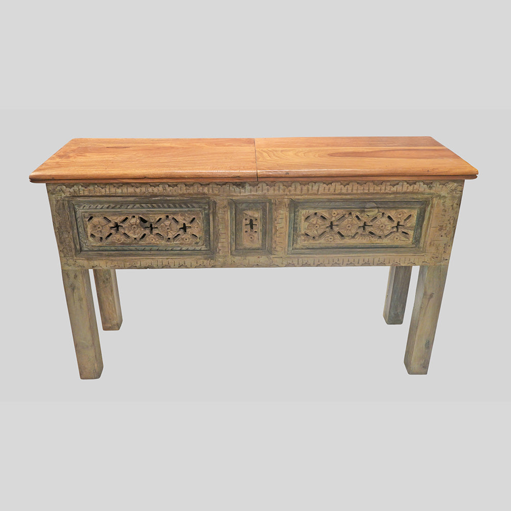 Vintage Handcrafted Wooden Console Table with Floral Carving – Rustic Traditional Entryway Furniture -2026102213UNQ