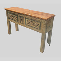 Vintage Handcrafted Wooden Console Table with Floral Carving – Rustic Traditional Entryway Furniture -2026102213UNQ