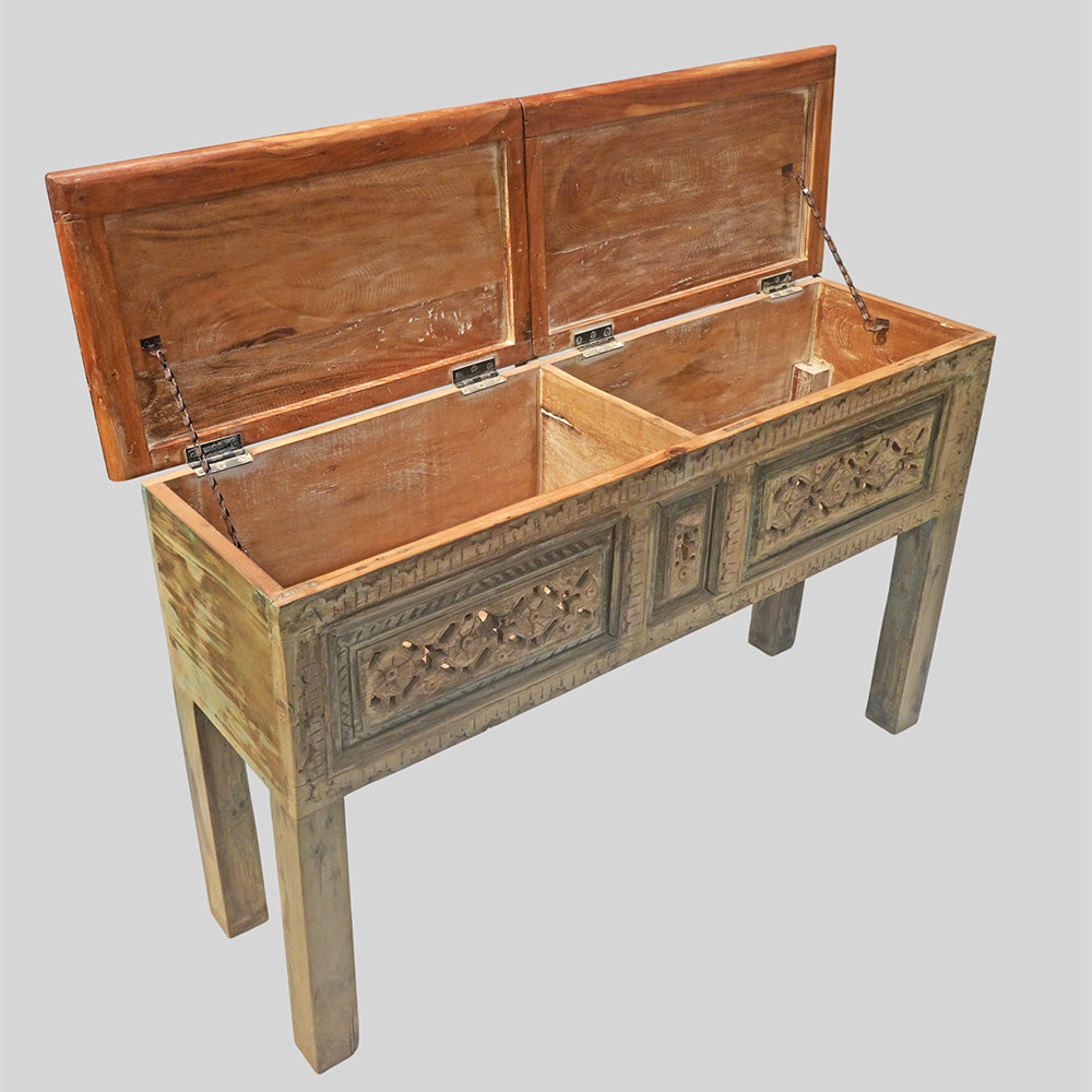 Vintage Handcrafted Wooden Console Table with Floral Carving – Rustic Traditional Entryway Furniture -2026102213UNQ