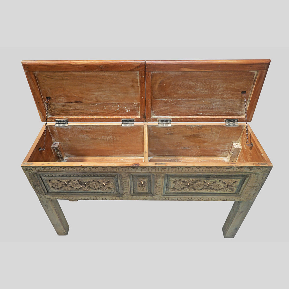 Vintage Handcrafted Wooden Console Table with Floral Carving – Rustic Traditional Entryway Furniture -2026102213UNQ