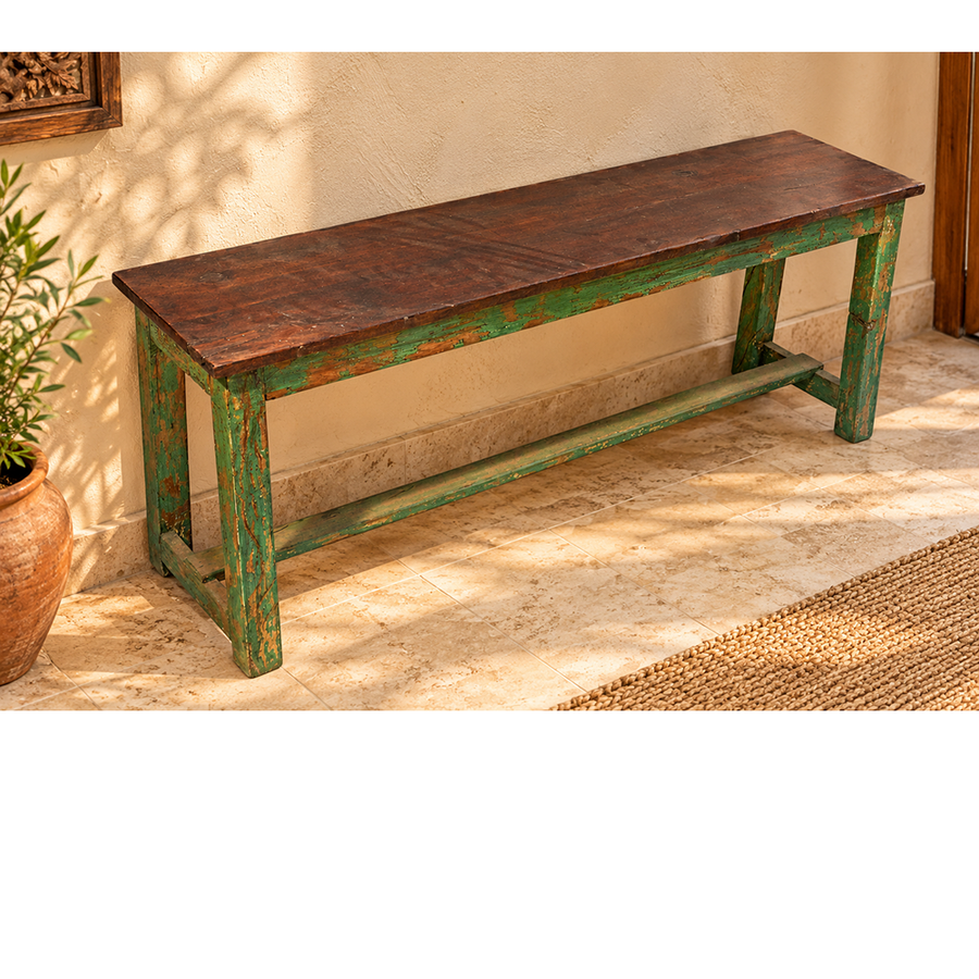 Handcrafted Rustic Colonial Designed Wooden Bench with Distressed Green Finish-2026102302UNQ