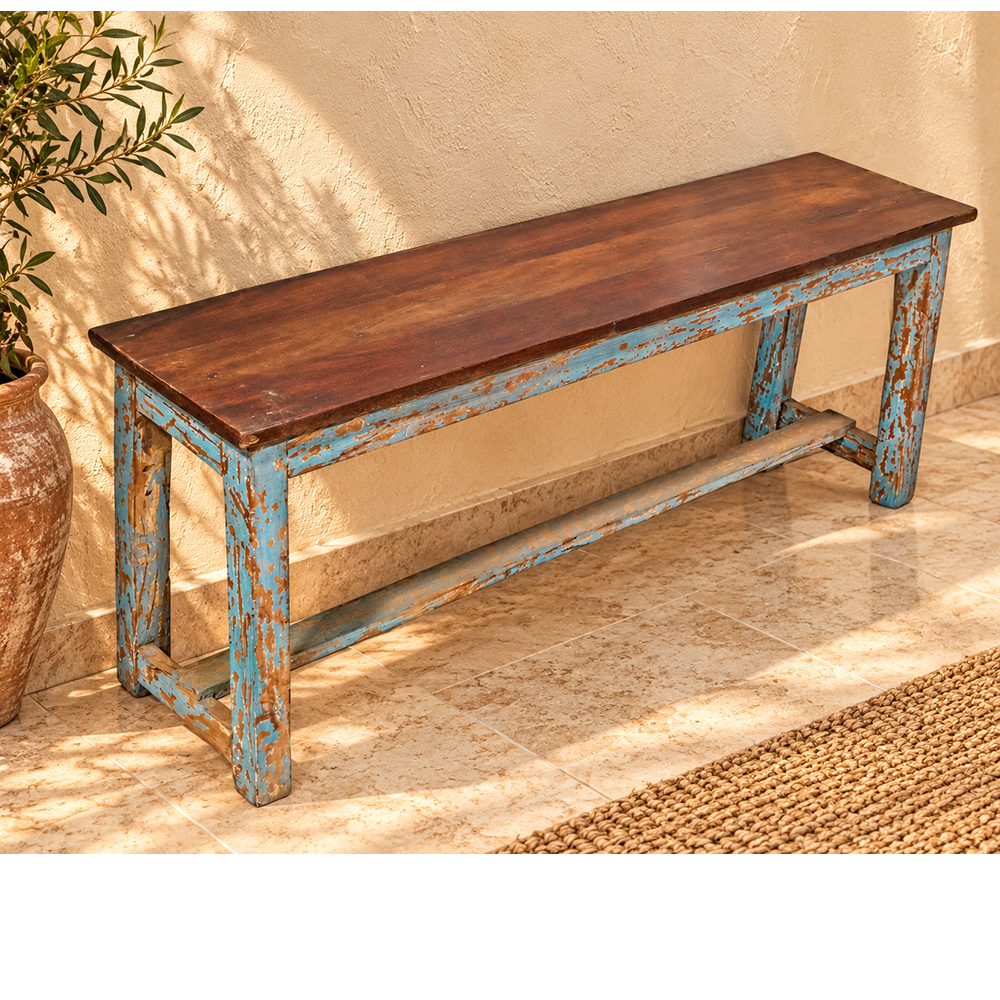 Handcrafted Rustic Colonial Designed Wooden Bench with Distressed Blue Painted Base-2026102303UNQ