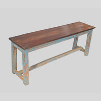 Handcrafted Rustic Colonial Designed Wooden Bench with Distressed Blue Painted Base-2026102303UNQ
