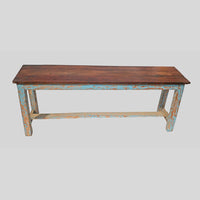 Handcrafted Rustic Colonial Designed Wooden Bench with Distressed Blue Painted Base-2026102303UNQ