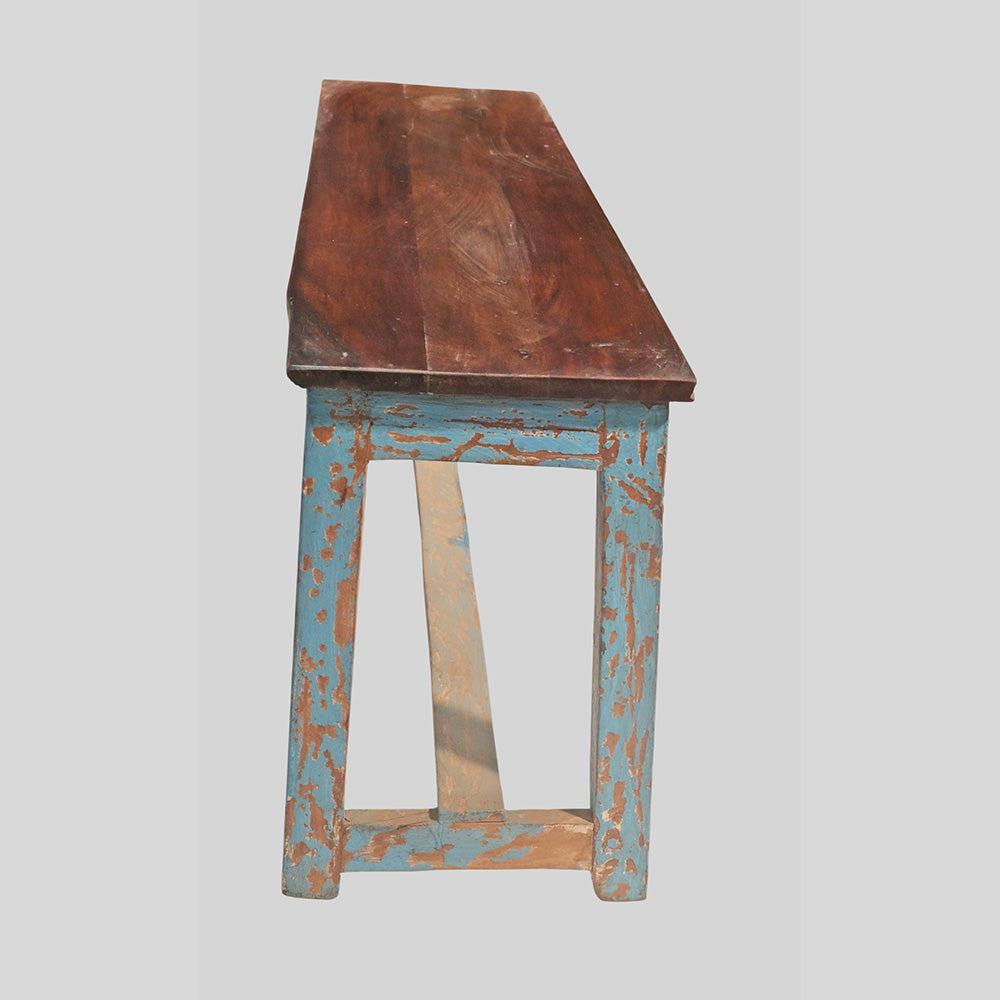 Handcrafted Rustic Colonial Designed Wooden Bench with Distressed Blue Painted Base-2026102303UNQ
