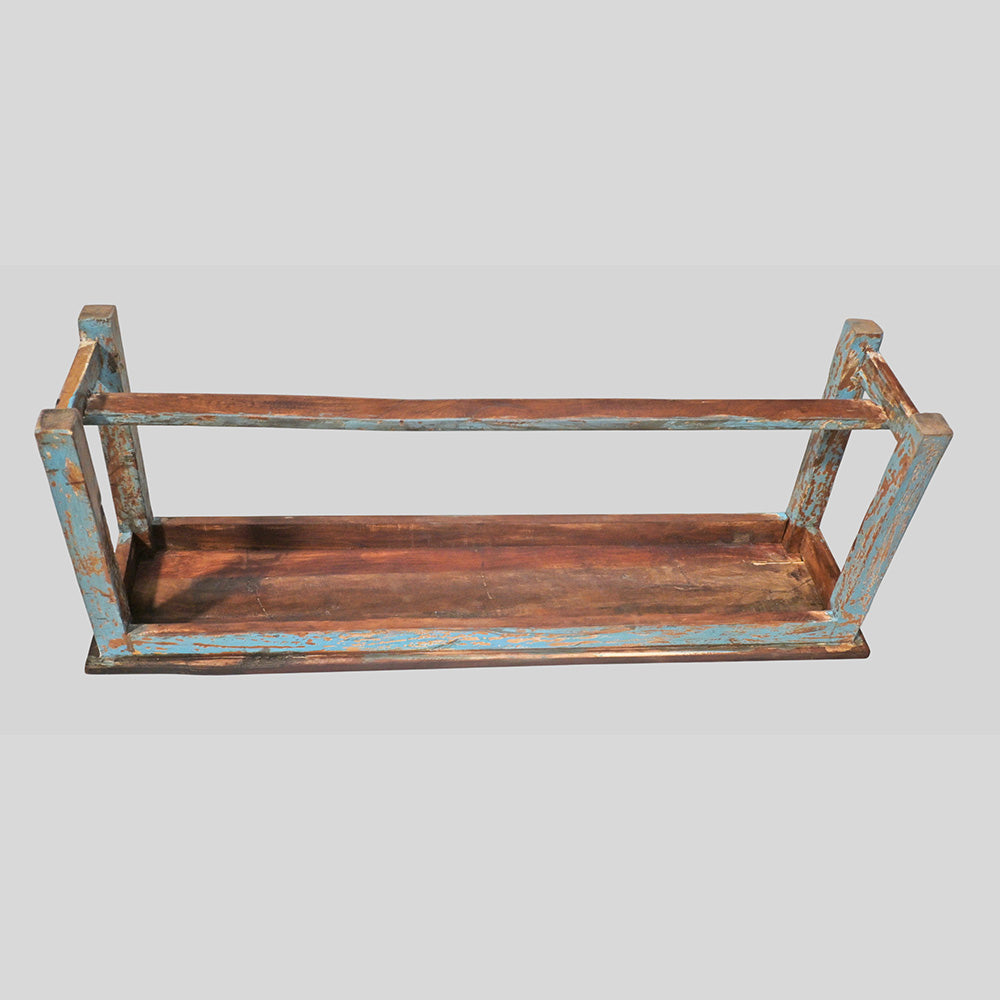 Handcrafted Rustic Colonial Designed Wooden Bench with Distressed Blue Painted Base-2026102303UNQ