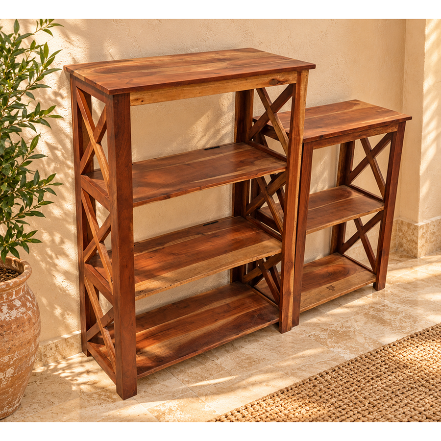 Set of 2 Handcrafted Wooden Bookshelf  with X-Frame Sides Brown Display Shelves-2026102304UNQ