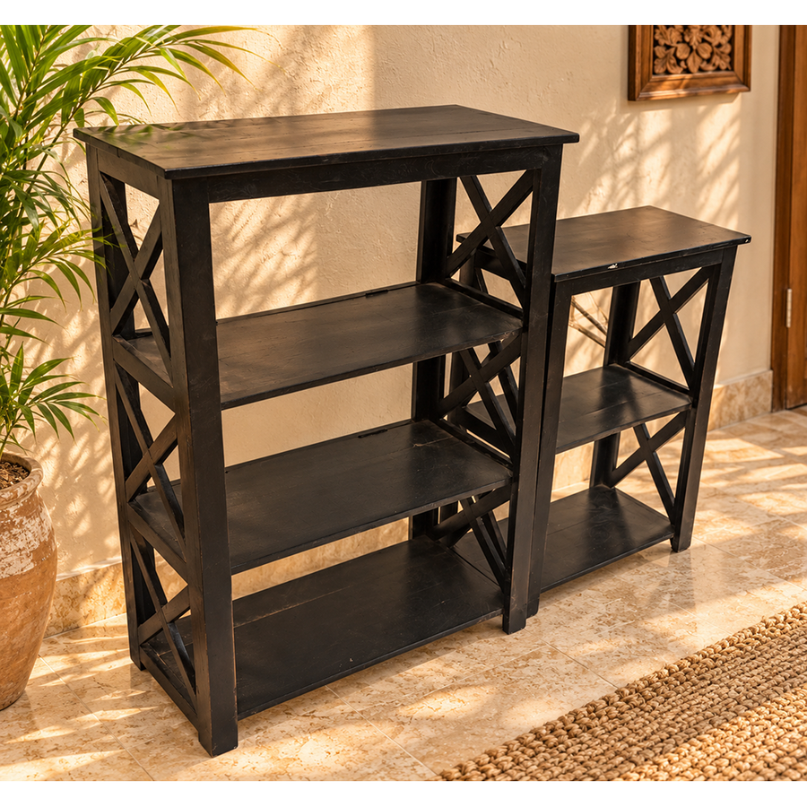 Set of 2 Handcrafted Black Wooden Bookshelf Stands with X-Frame Sides – Rustic Display Shelves-2026102305UNQ