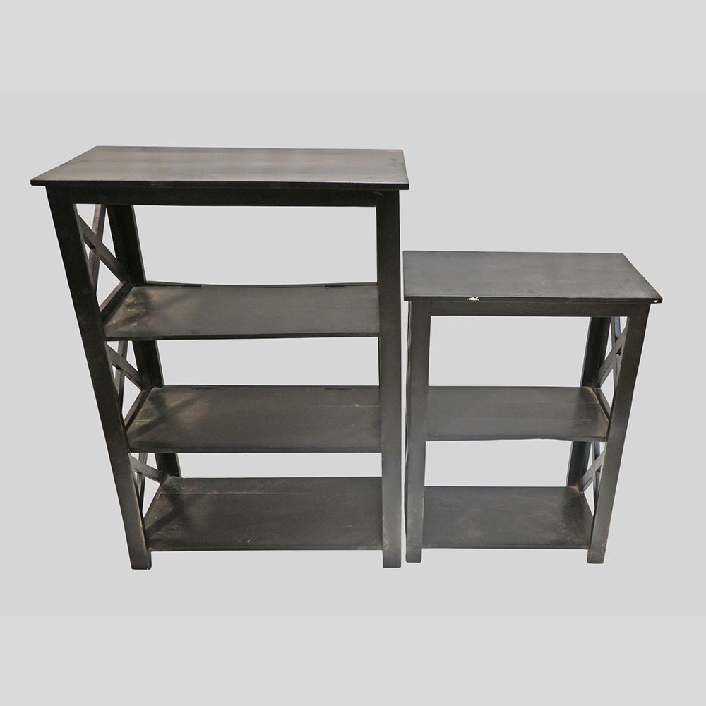 Set of 2 Handcrafted Black Wooden Bookshelf Stands with X-Frame Sides – Rustic Display Shelves-2026102305UNQ