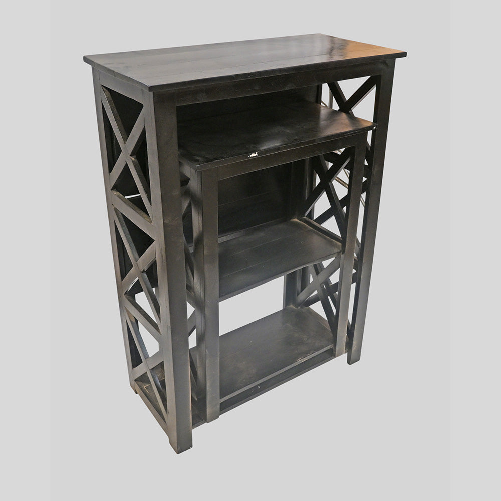 Set of 2 Handcrafted Black Wooden Bookshelf Stands with X-Frame Sides – Rustic Display Shelves-2026102305UNQ