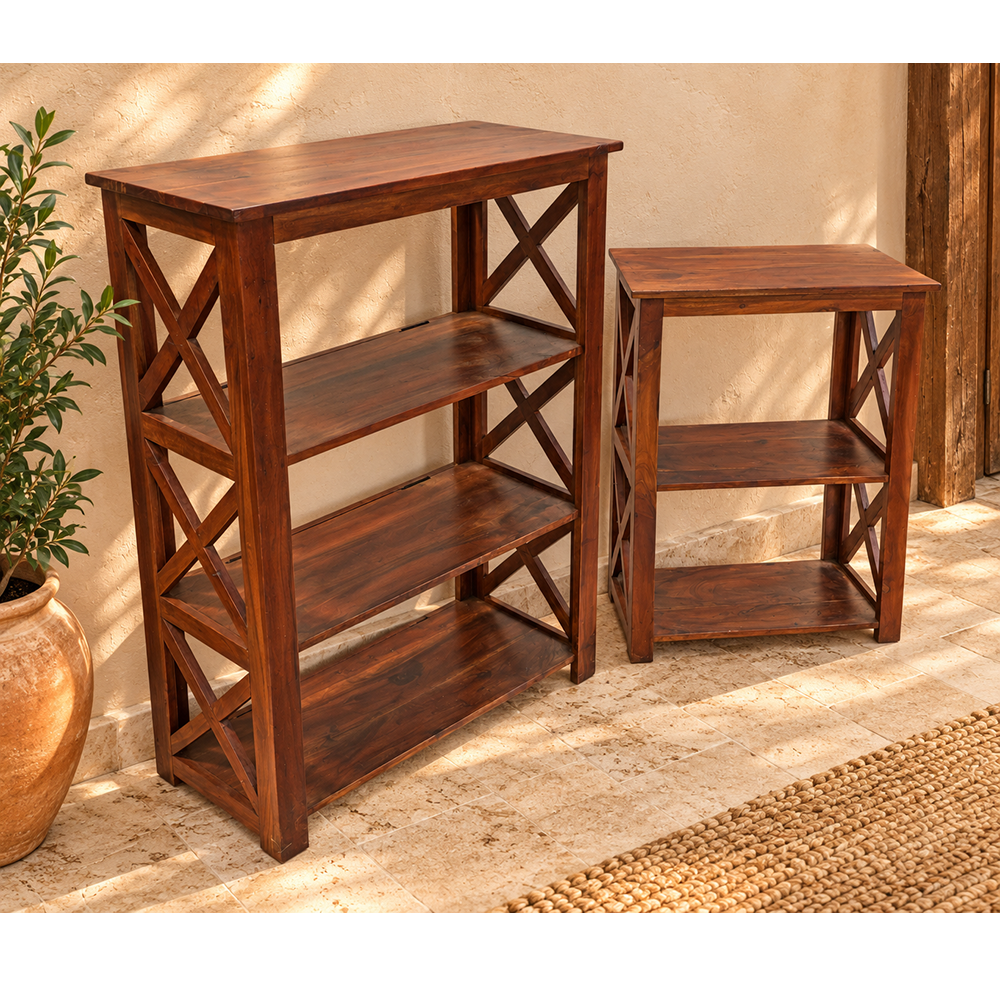 Set of 2 Handcrafted Wooden Bookshelf Stands with X-Frame Design – Rustic Brown Open Display Shelves-2026102306UNQ