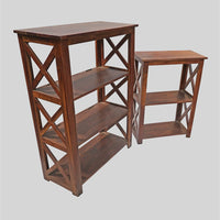 Set of 2 Handcrafted Wooden Bookshelf Stands with X-Frame Design – Rustic Brown Open Display Shelves-2026102306UNQ