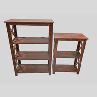 Set of 2 Handcrafted Wooden Bookshelf Stands with X-Frame Design – Rustic Brown Open Display Shelves-2026102306UNQ