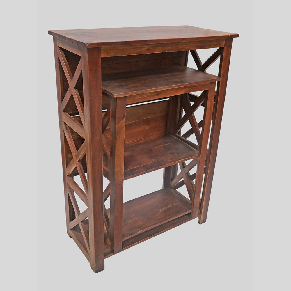 Set of 2 Handcrafted Wooden Bookshelf Stands with X-Frame Design – Rustic Brown Open Display Shelves-2026102306UNQ