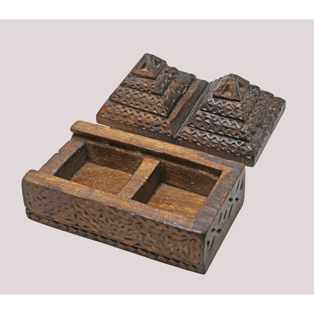 Natural white finish tribal carved wooden pyramid jewelry box, close-up detail