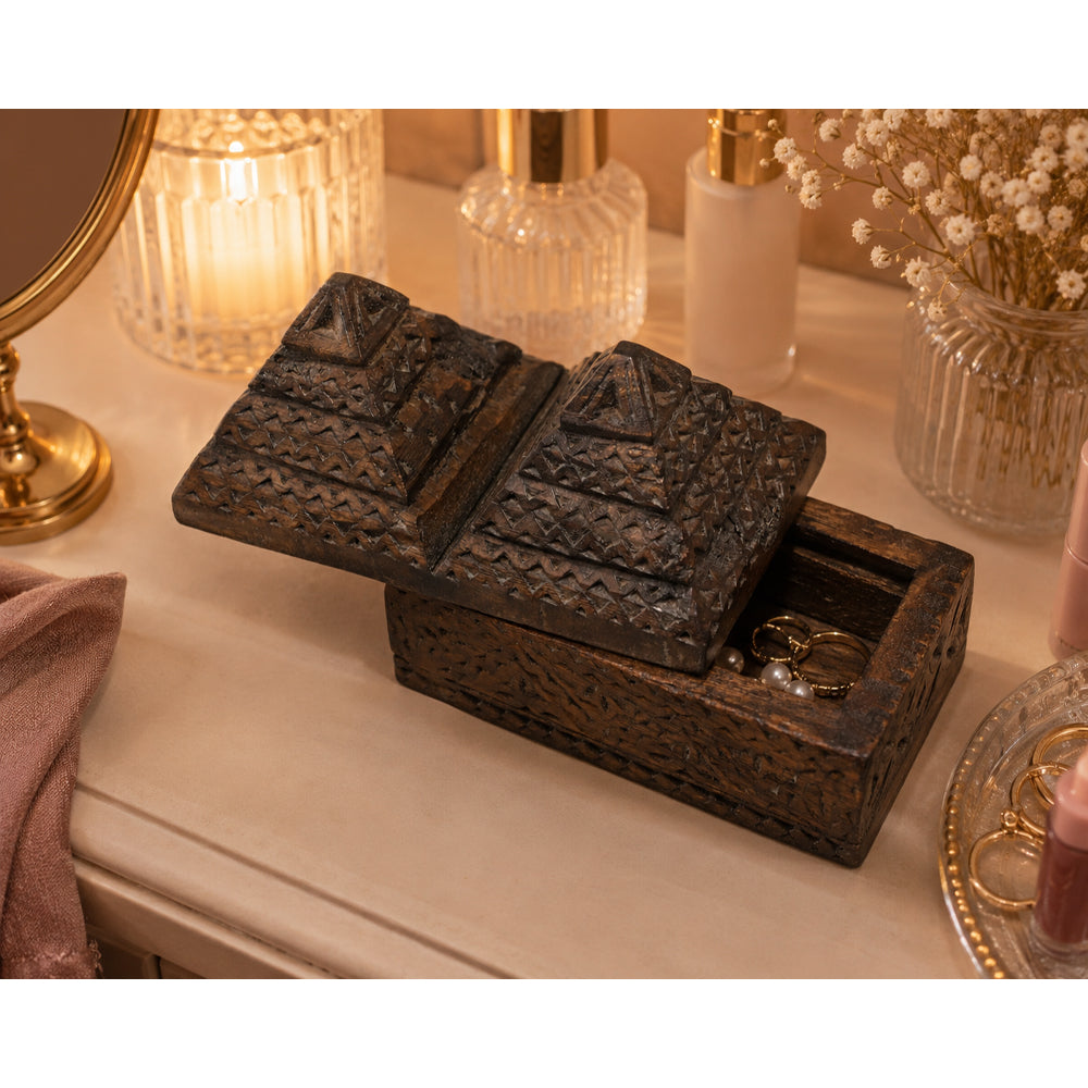 Handcrafted Wooden Jewelry Box | Carved Indian Tribal Style Trinket Box - 2026080301DAF