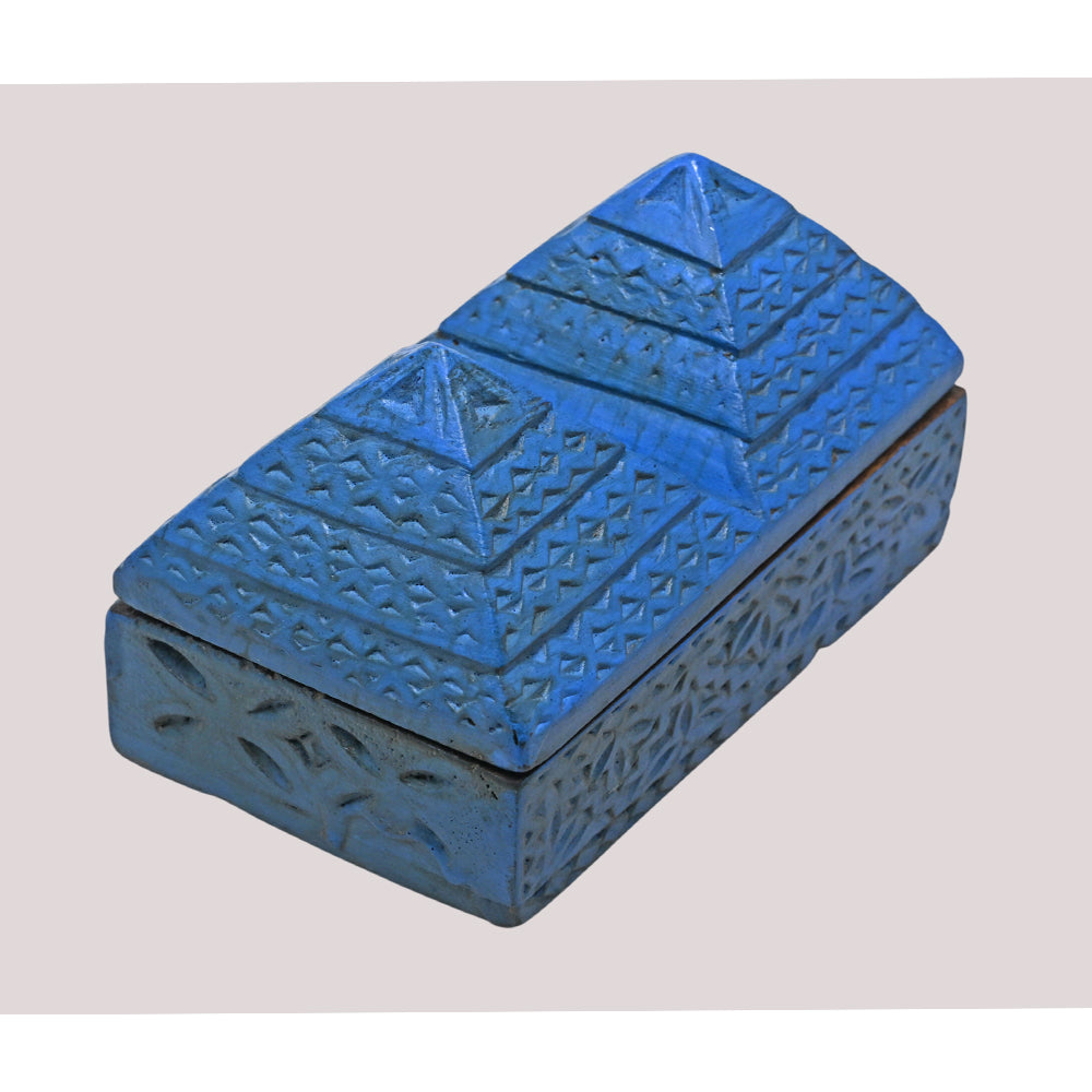 Dark blue antique finish tribal carved wooden pyramid jewelry box, angled view