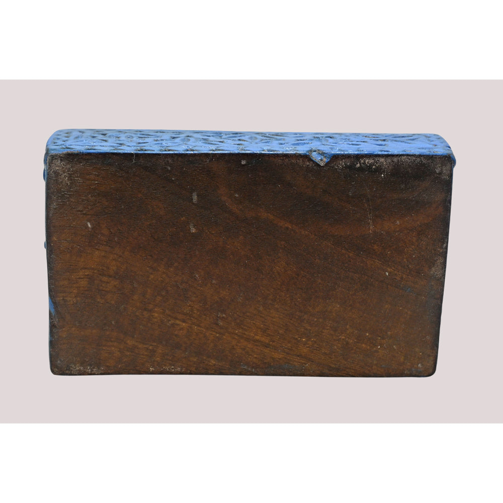 Dark blue antique finish tribal carved wooden pyramid jewelry box, alternate view