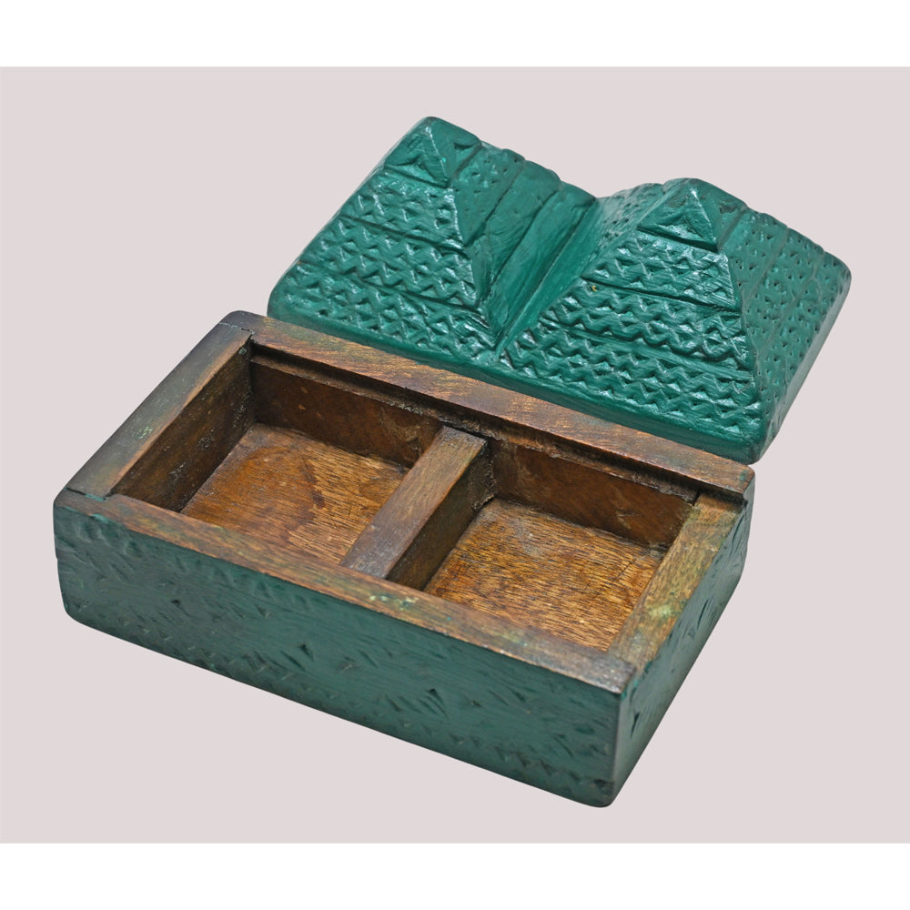 Dark green antique finish tribal carved wooden pyramid jewelry box, close-up detail