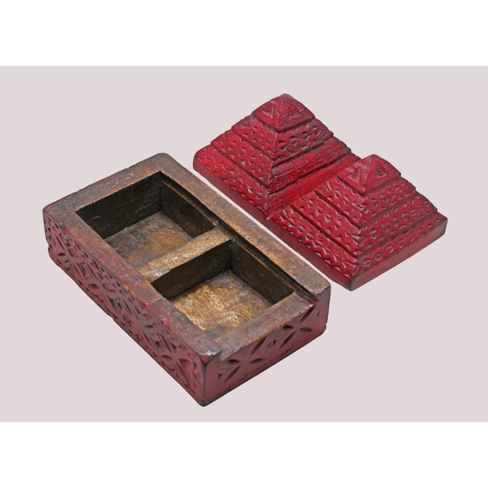 Dark red antique finish carved mango wood pyramid jewelry box, close-up detail